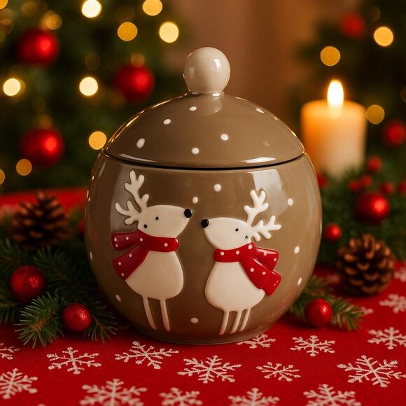 Thompson Ferrier Reindeer Christmas Holiday Ceramic Scented Candle Jar w/Lid - Picture 1 of 6
